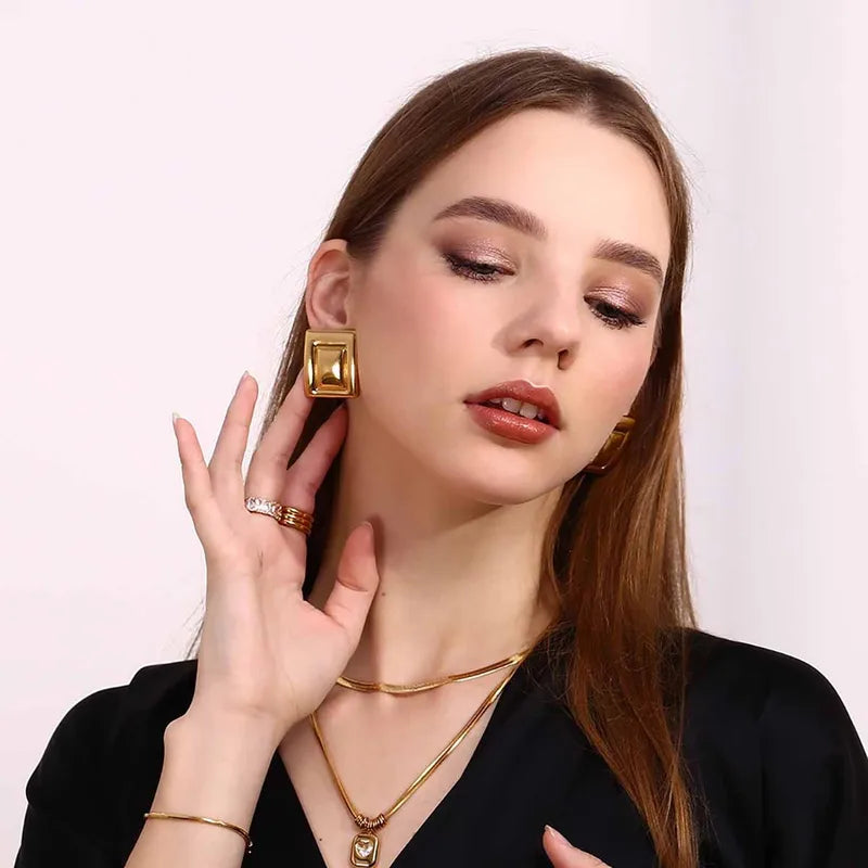 Aretes Rectángulo Dorado Acero Inoxidable