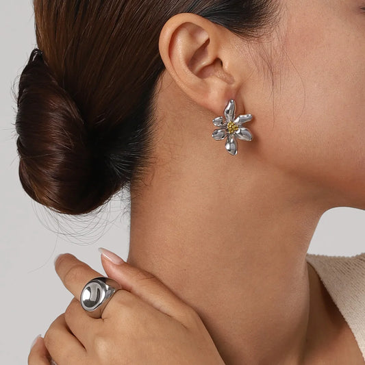Aretes Flor Bicolor Acero Inoxidable