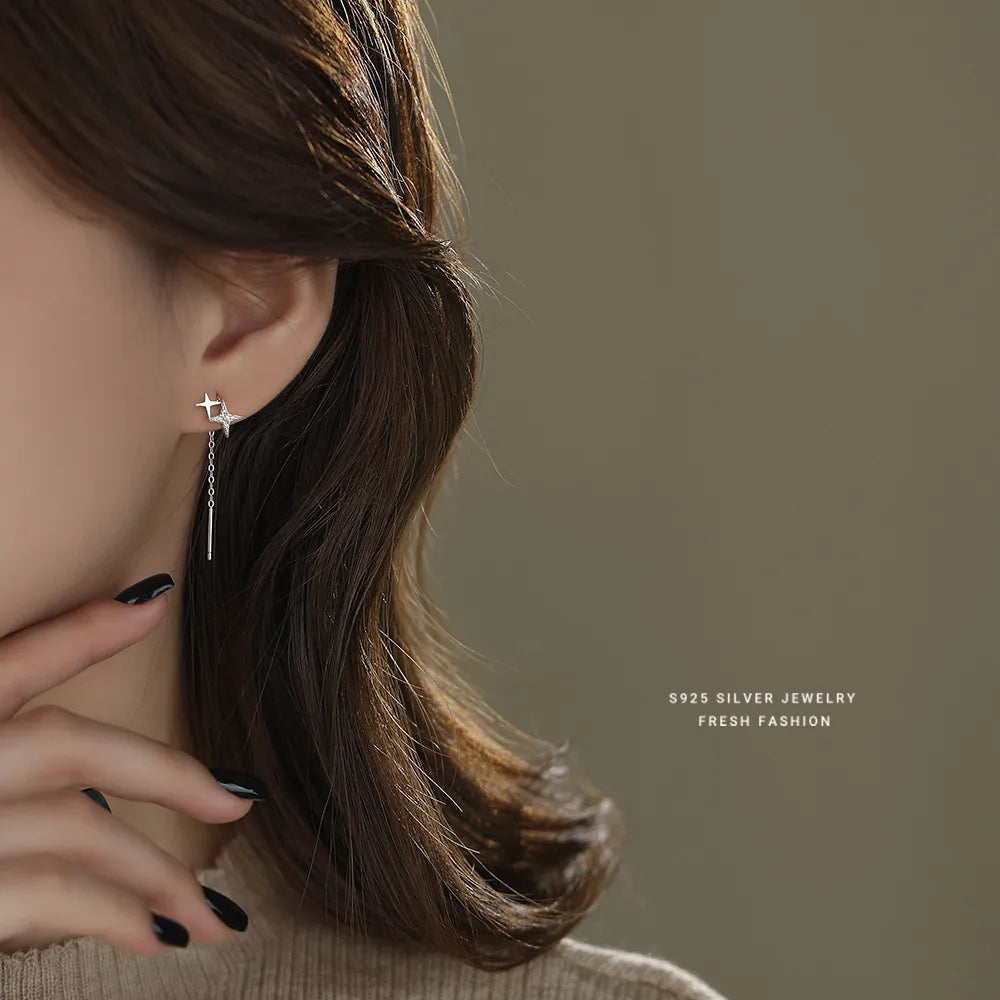 Aretes Cadena Estrellas Circón Plata 925