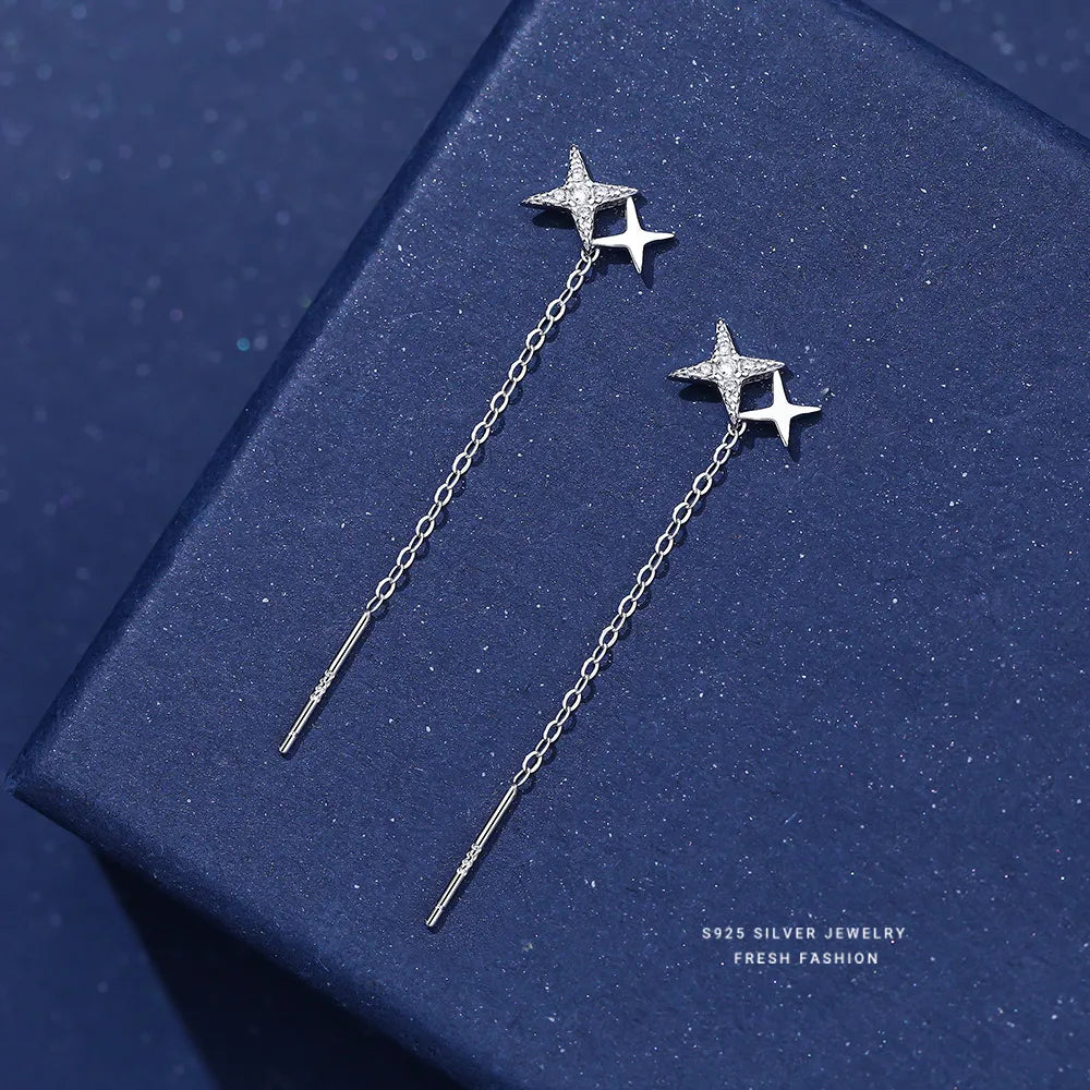 Aretes Cadena Estrellas Circón Plata 925