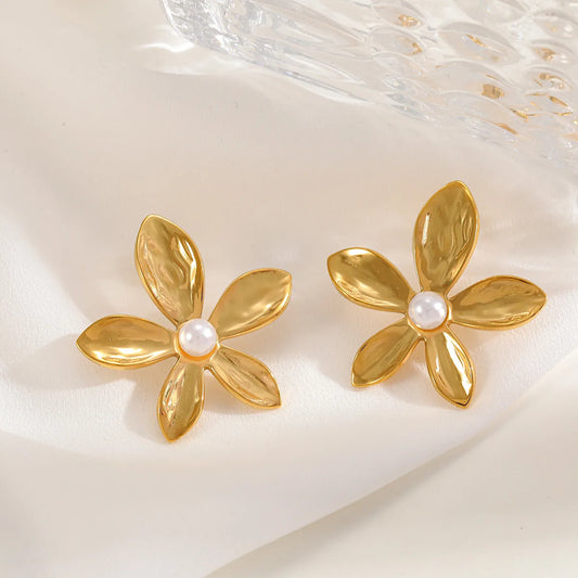 Aretes Flor Perla Acero Inoxidable