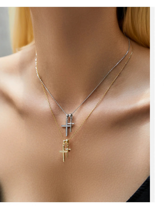 Collar Doble Cruz Circón Plata De Ley 925