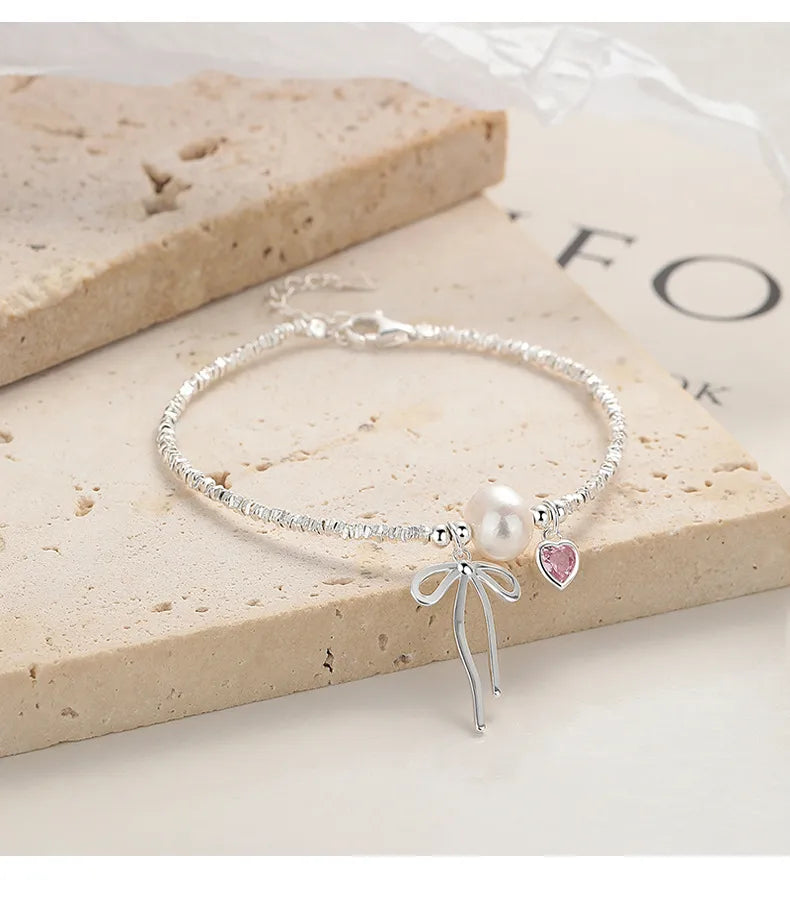 Pulsera Moño Corazón Plata Esterlina