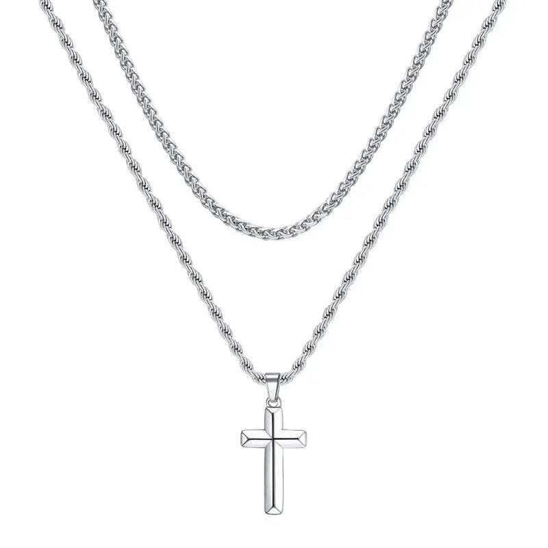 Collar Doble Cruz Acero Inoxidable