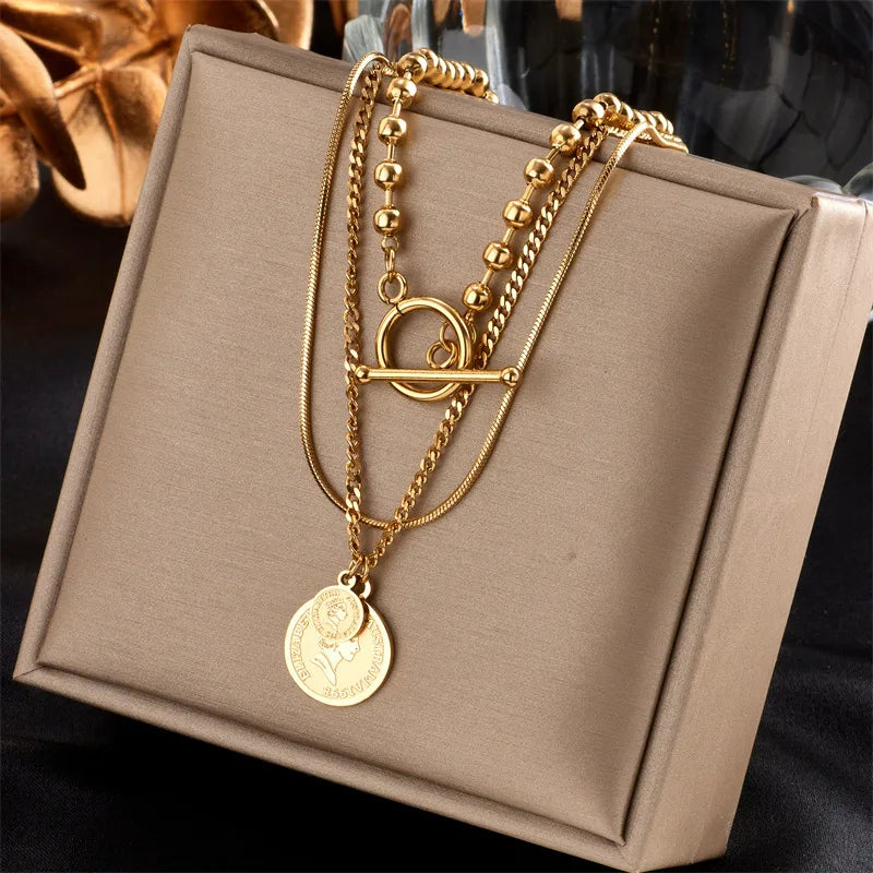 Collar Triple Monedas Acero Inoxidable