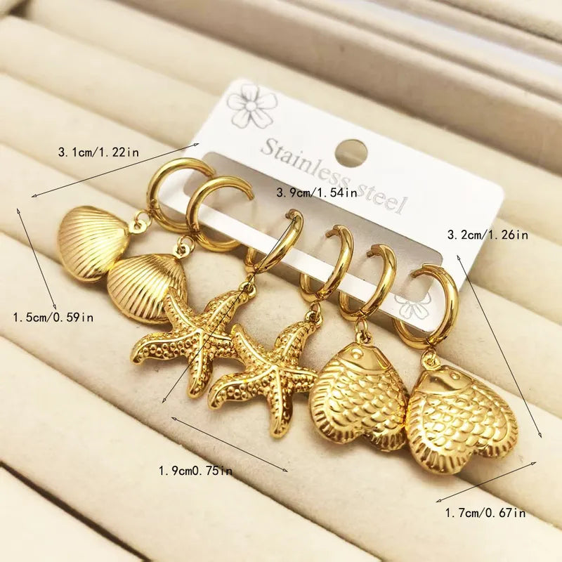 Juego Aretes Estrella Mar Concha Pez Acero Inoxidable