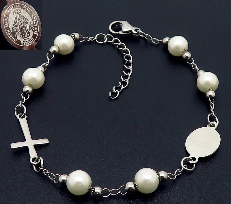 Pulsera Virgen Cruz Perlas Acero Inoxidable