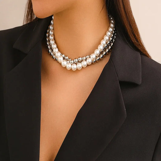 Collar Multiple Perlas Plateado