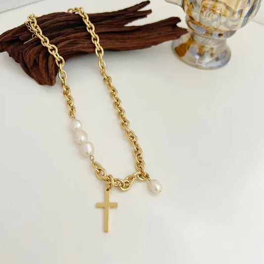 Collar Cruz Perlas Naturales