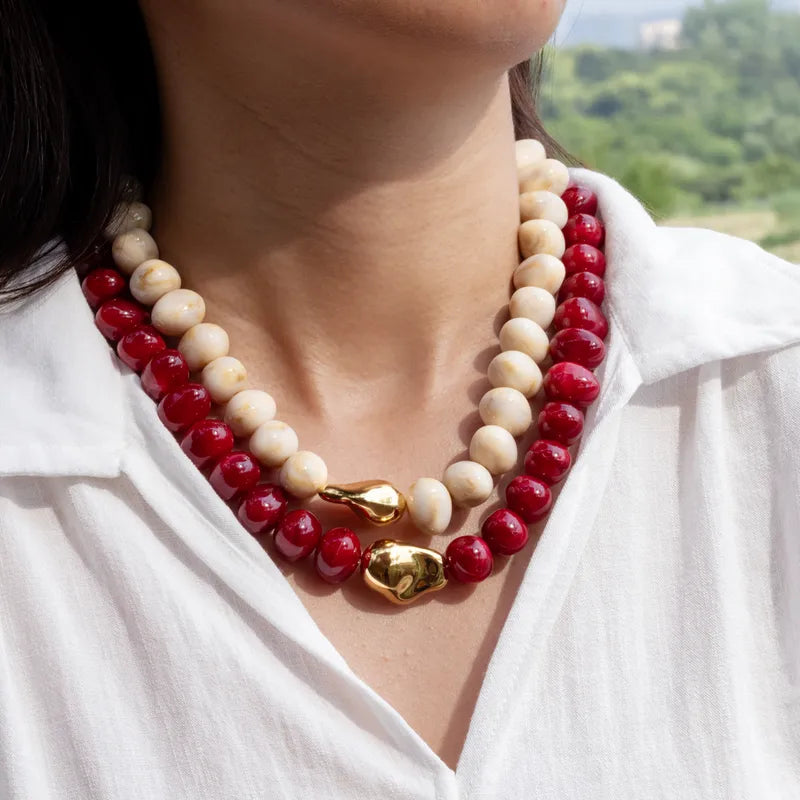 Collar Bolas Rojo Acrílico Acero Inoxidable