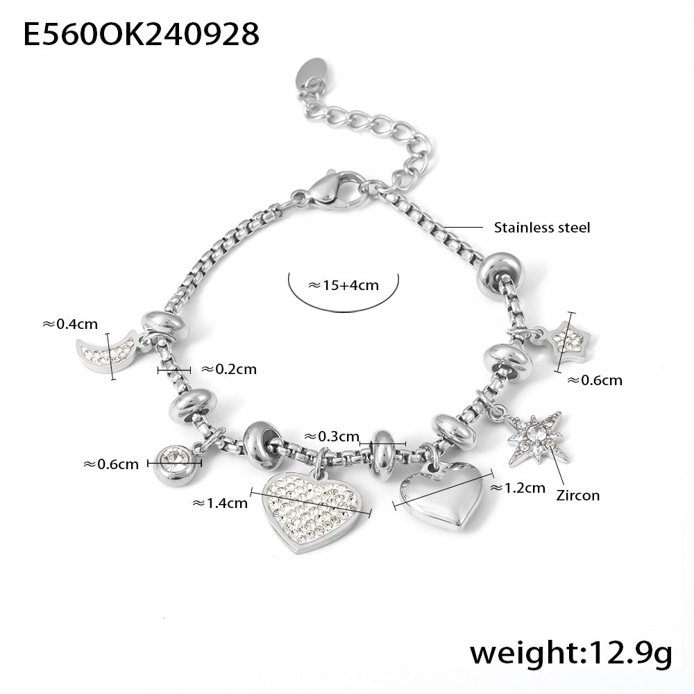 Pulsera Corazón Luna Estrella Acero Inoxidable