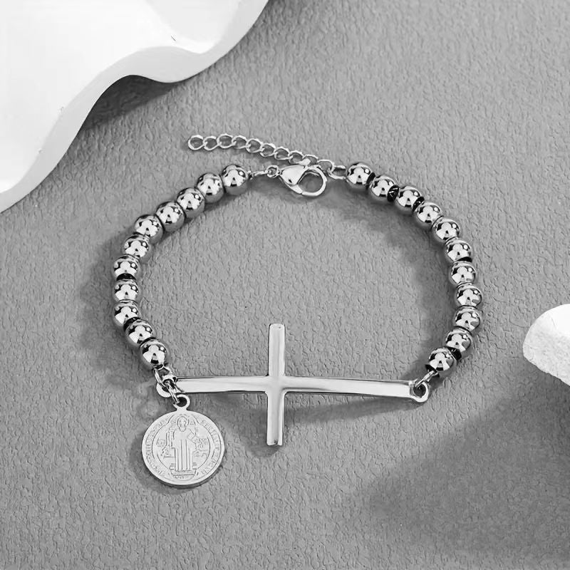 Pulsera Vintage Cruz Bolitas Acero Inoxidable