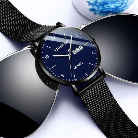 Reloj Redondo Negro Azul Cuarzo