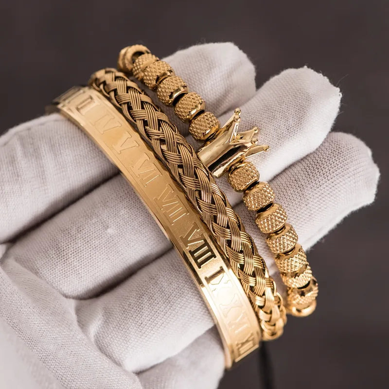 Set Pulseras Doradas Corona Acero Inoxidable