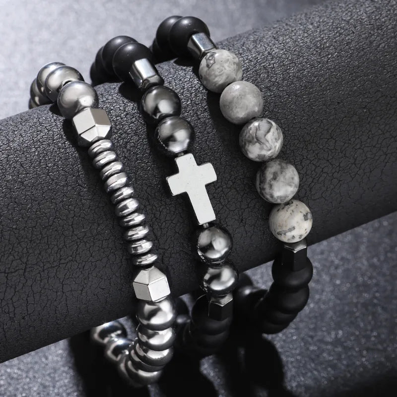 Set Pulseras Cruz Piedra Natural
