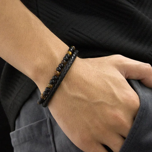 Pulsera Doble Cuero Sintético Negra