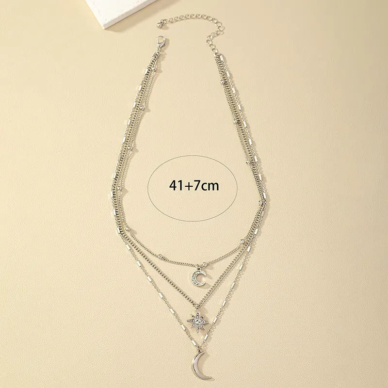 Collar Triple Estrella Luna Plateado