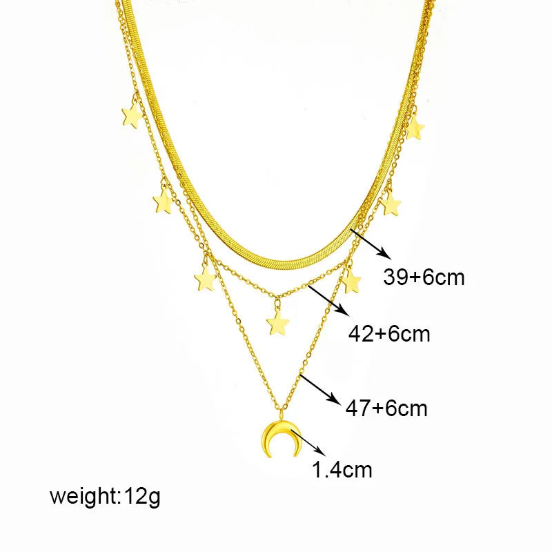 Collar Triple Estrellas Luna Acero Titanio