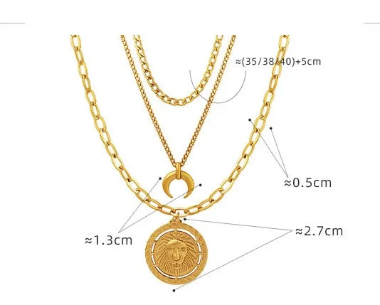 Collar Triple León Luna Acero Inoxidable
