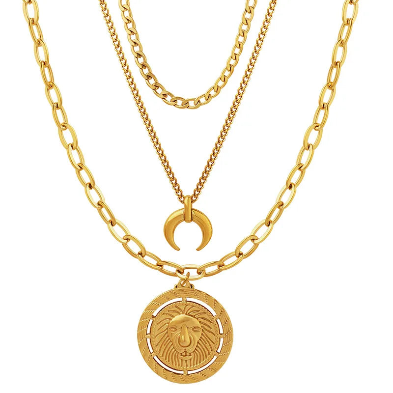 Collar Triple León Luna Acero Inoxidable
