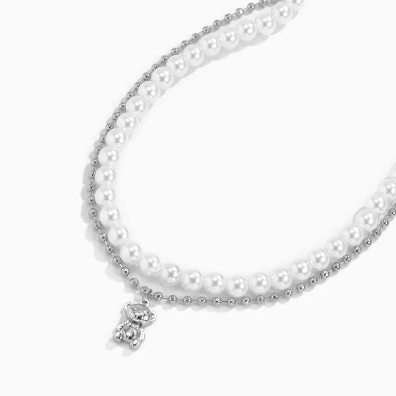 Collar Doble Perlas Oso Plateado