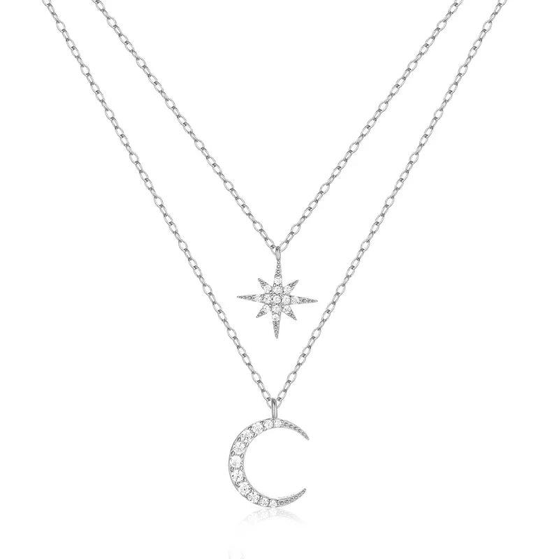 Collar Doble Luna Estrella Plata De Ley 925