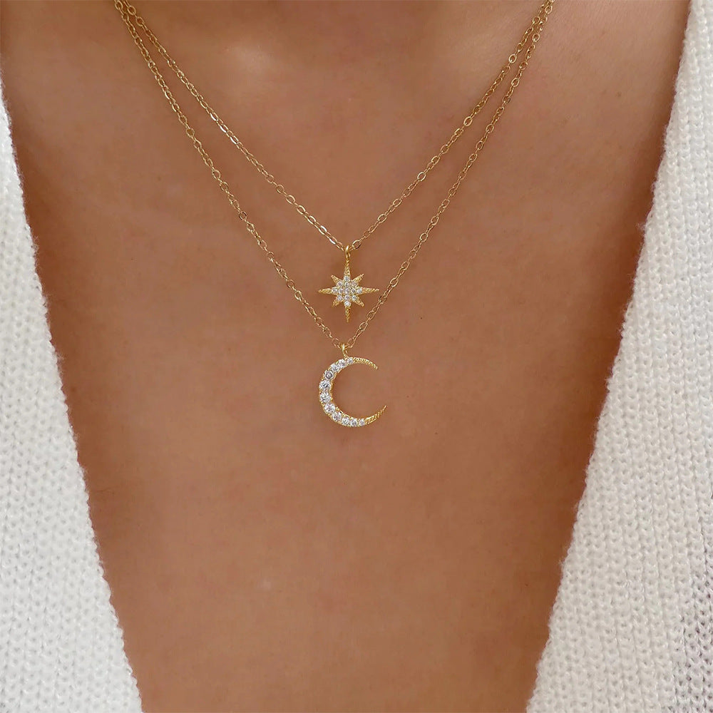 Collar Doble Luna Estrella Dorado Plata De Ley 925