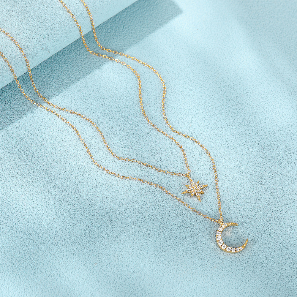 Collar Doble Luna Estrella Dorado Plata De Ley 925