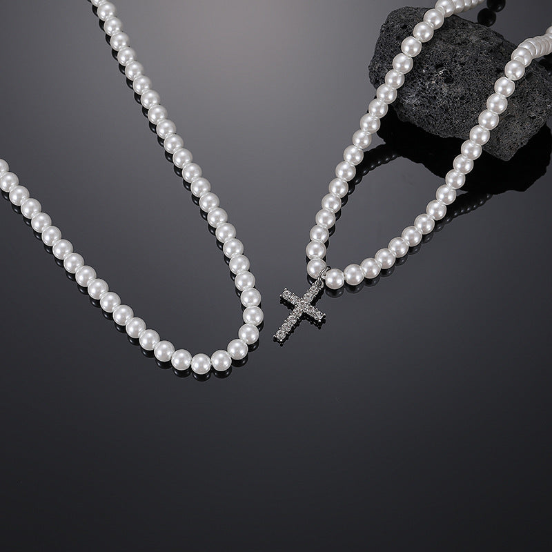 Collar Perlas Cruz Acero Titanio