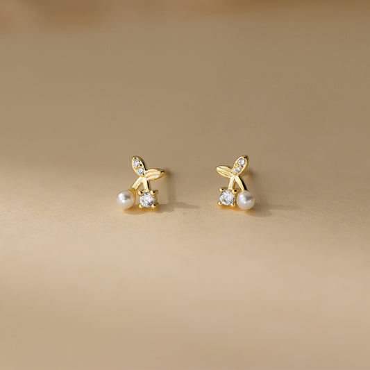 Aretes Cereza Perla Circón Dorado Plata De Ley 925