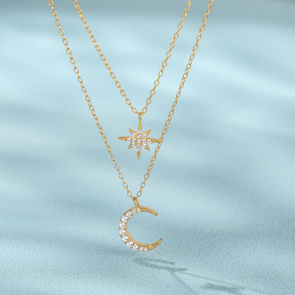 Collar Doble Luna Estrella Dorado Plata De Ley 925