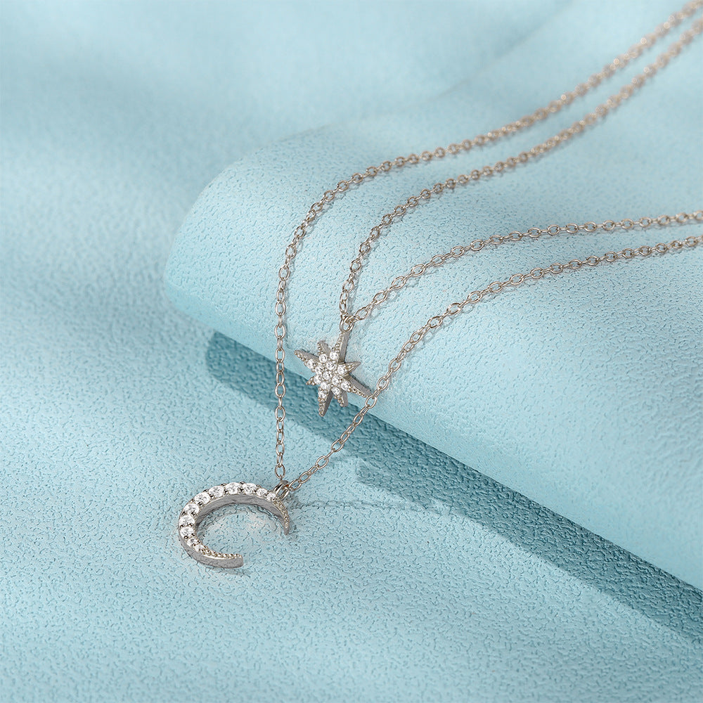 Collar Doble Luna Estrella Plata De Ley 925