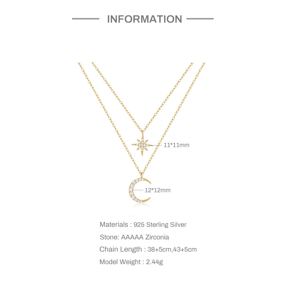 Collar Doble Luna Estrella Dorado Plata De Ley 925