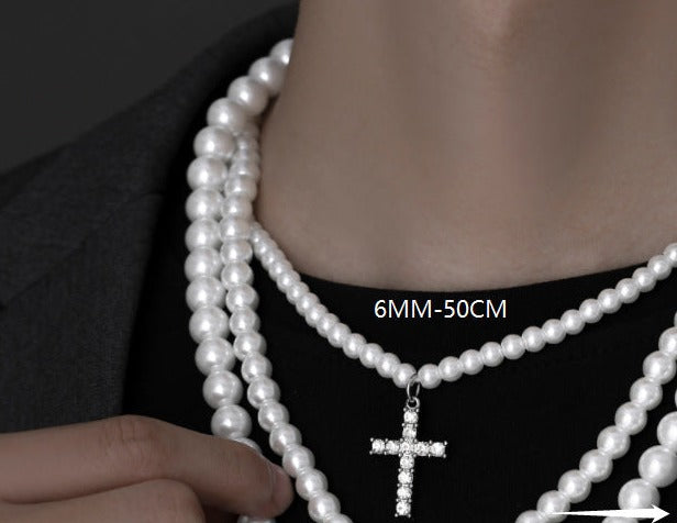 Collar Perlas Cruz Acero Titanio