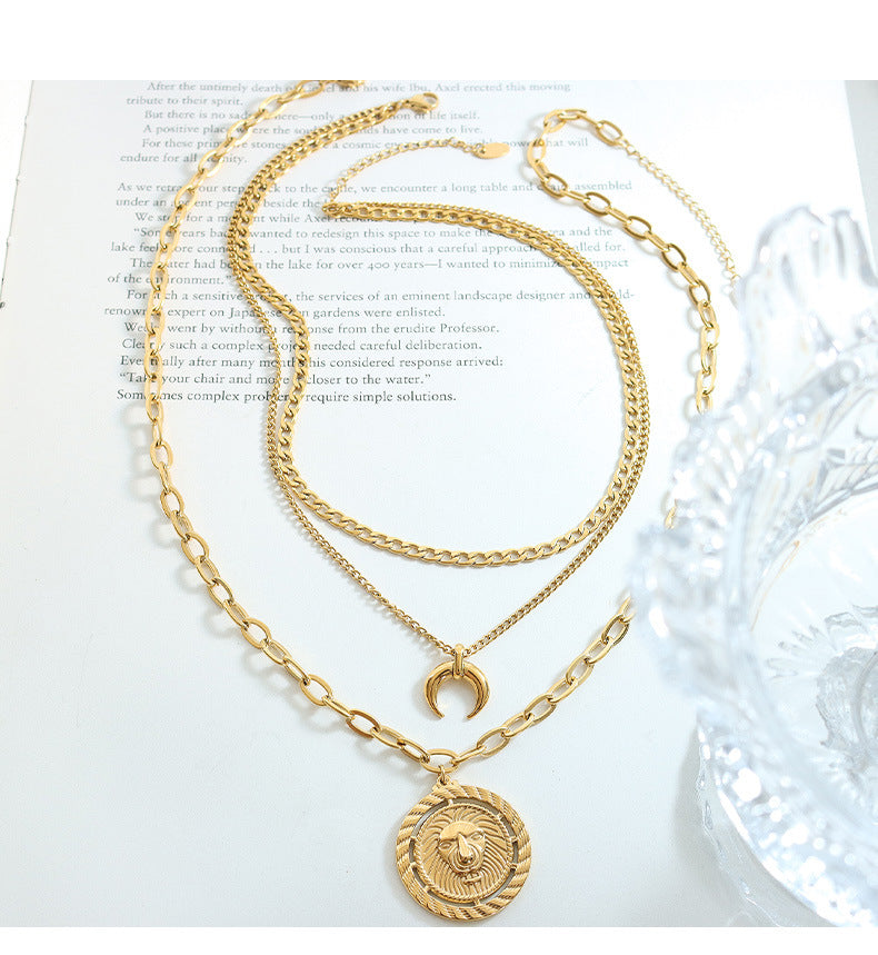 Collar Triple León Luna Acero Inoxidable