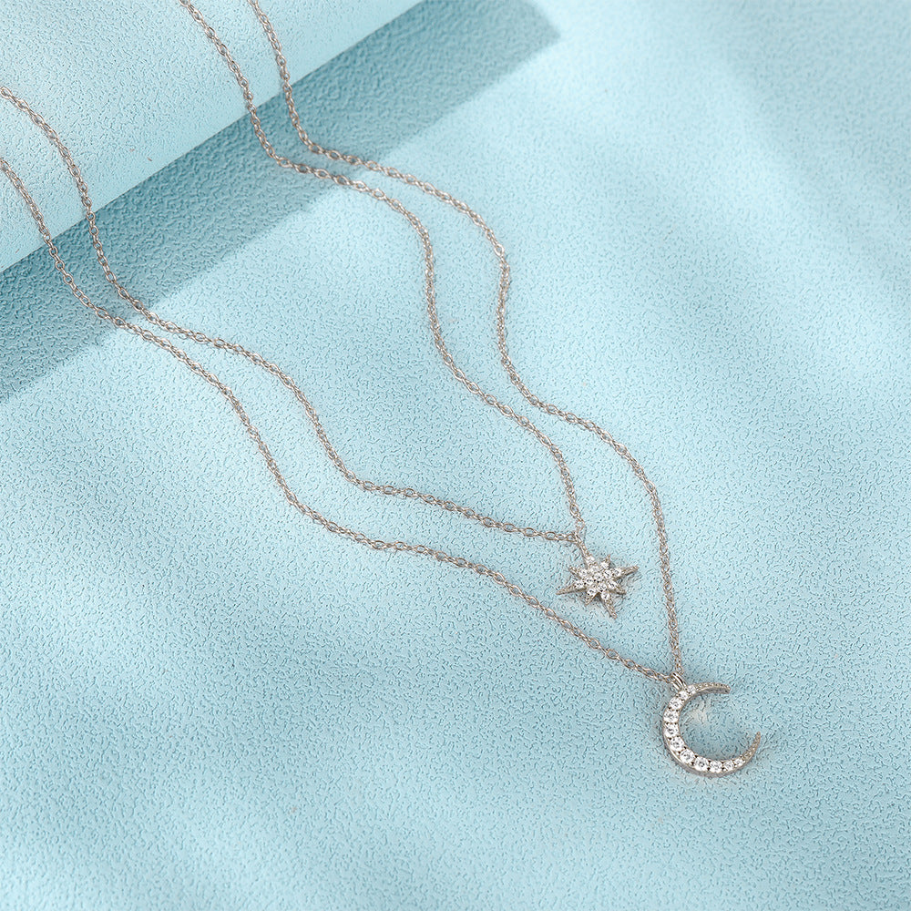Collar Doble Luna Estrella Plata De Ley 925