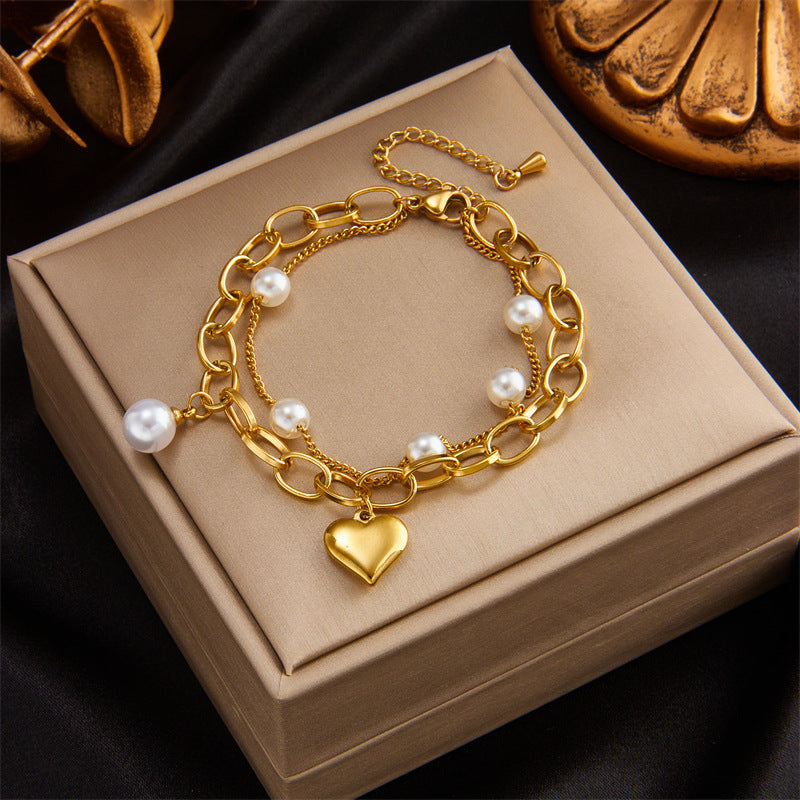 Pulsera Corazón Perlas Acero Titanio