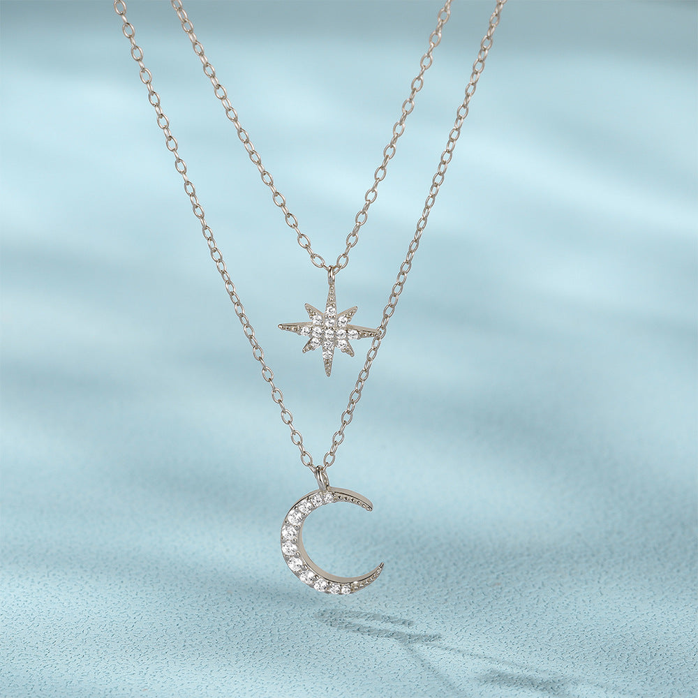 Collar Doble Luna Estrella Plata De Ley 925