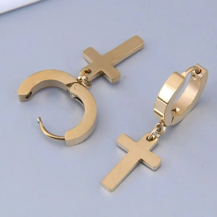 Aretes Cruz Dorado Acero Titanio