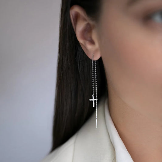 Aretes Largos Cruz Plata De Ley S925 Con Zirconia