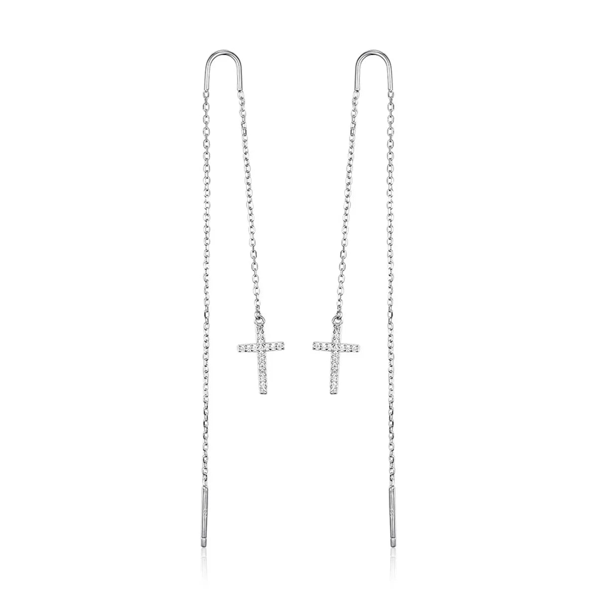 Aretes Largos Cruz Plata De Ley S925 Con Zirconia