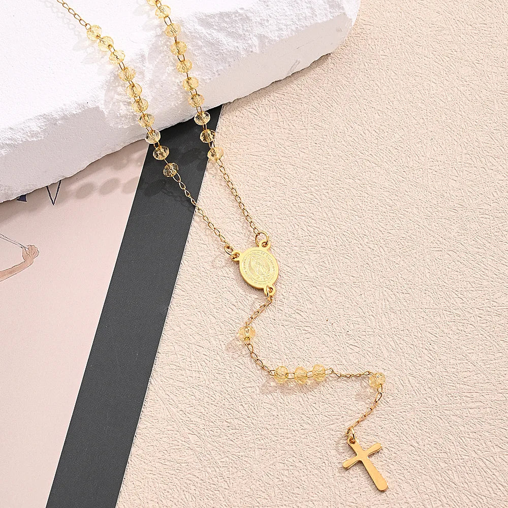 Collar Rosario Virgen Cruz Acero Inoxidable