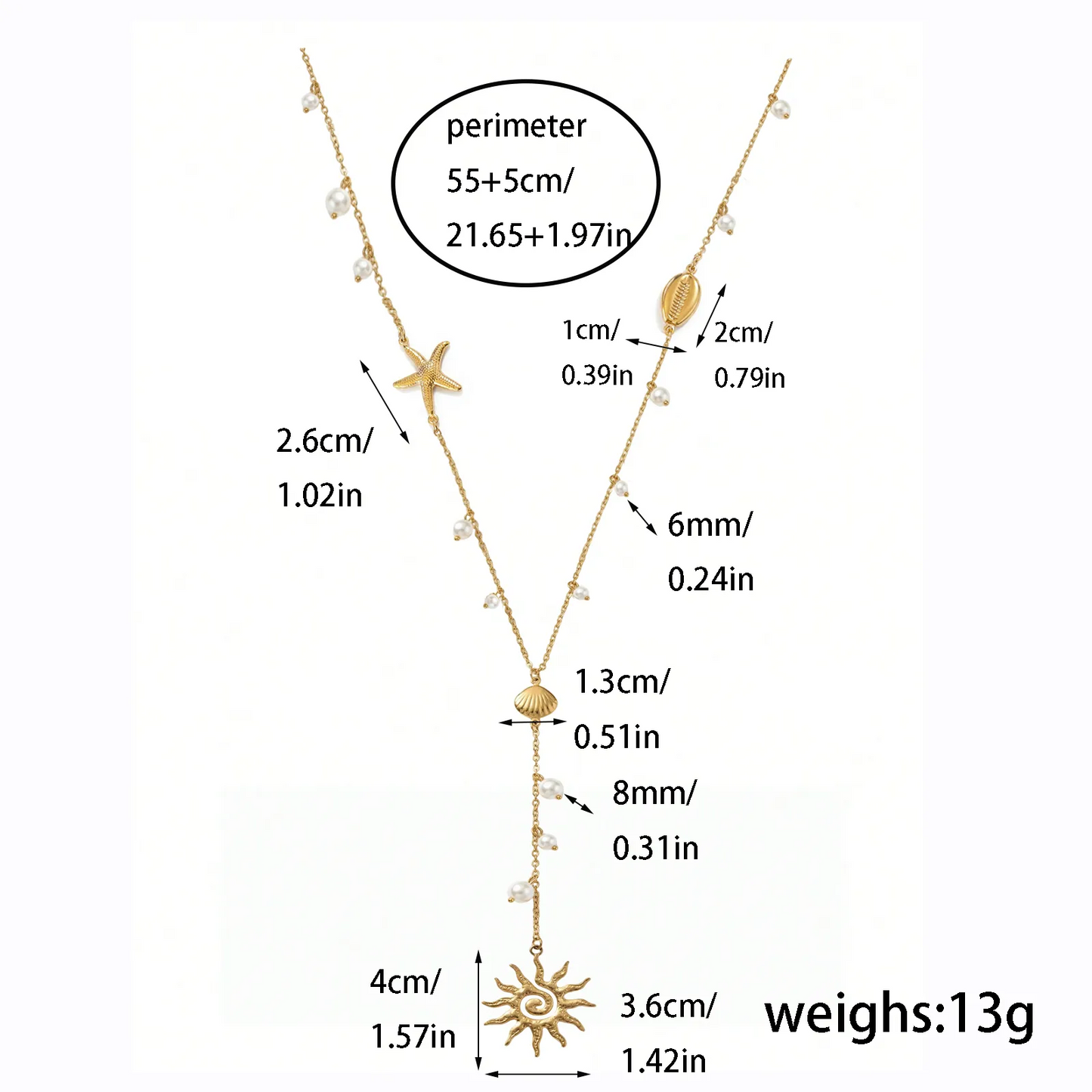 Collar Largo Estrella Sol Concha Acero Inoxidable