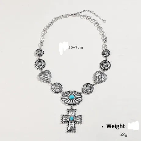 Collar Cruz Corazón Turquesa Aleación