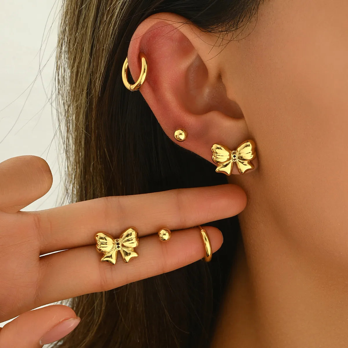 Set Aretes Moño Acero Inoxidable