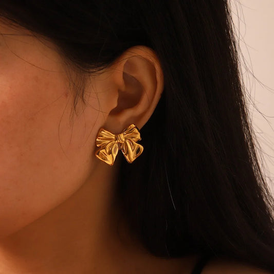 Aretes Moño Dorado Acero Inoxidable