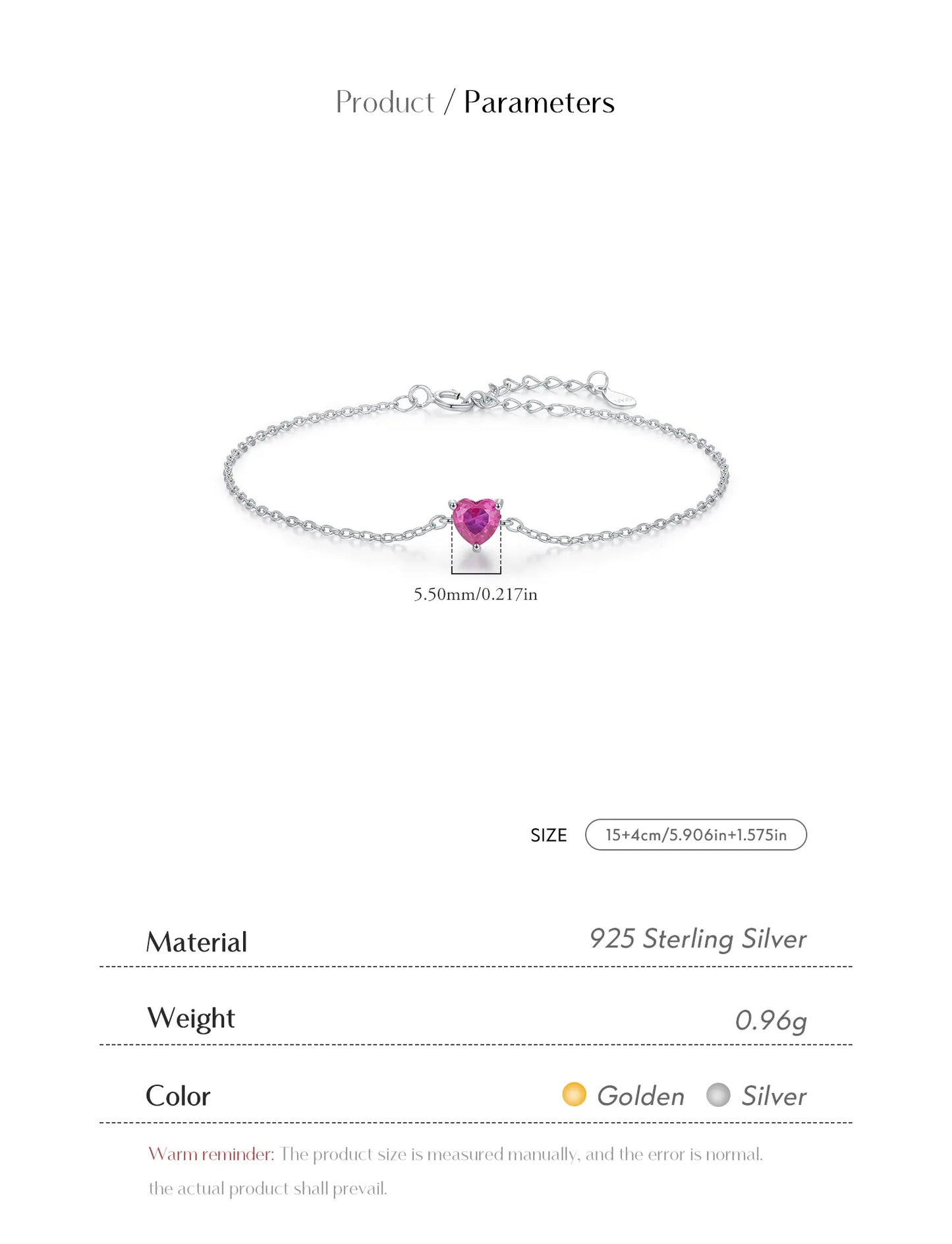Pulsera Corazón Rosa Plata 925