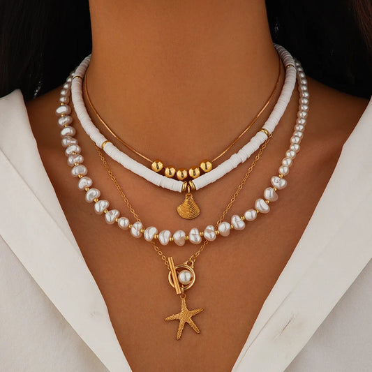 Set Collares Estrella Mar Cascarón Aleación Arcilla