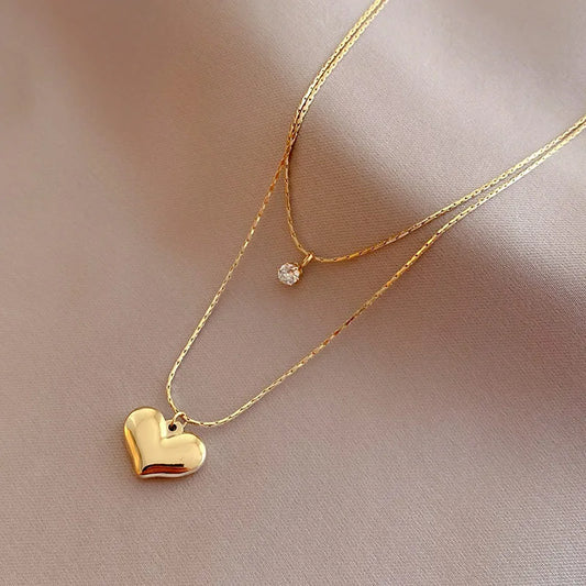 Collar Doble Delgado Corazón Acero Inoxidable