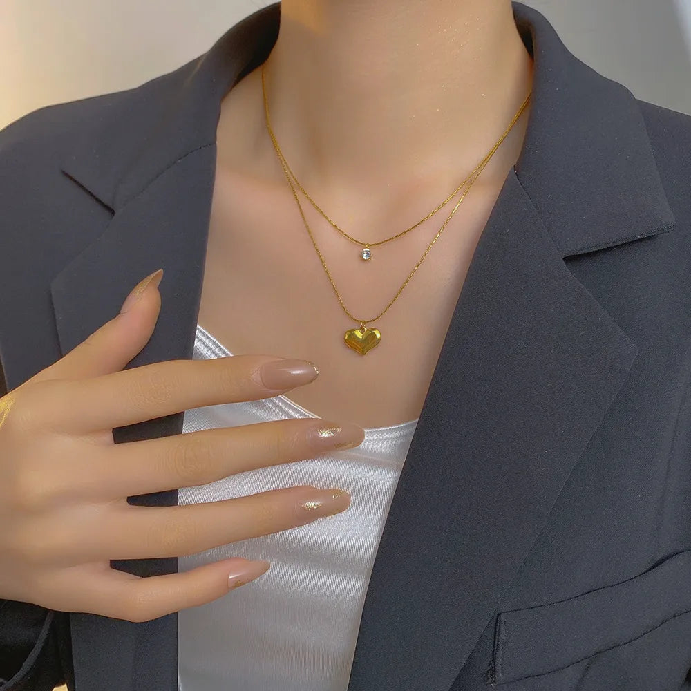 Collar Doble Delgado Corazón Acero Inoxidable